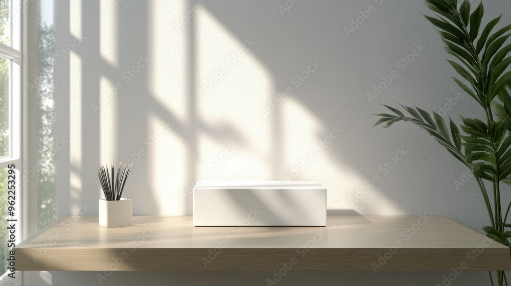 White box mockup on a minimalist desk with large windows allowing natural light to flood the room White box mockup on a minimalist desk with large windows allowing natural light to flood the room