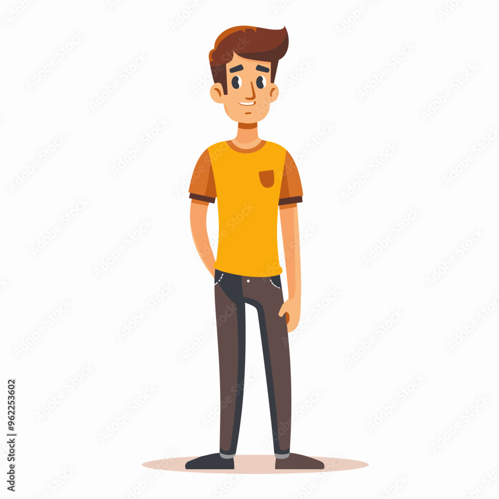 A cartoon man in a yellow shirt and blue jeans is standing with his hands on his hips. He has a smile on his face and he is confident A cartoon man in a yellow shirt and blue jeans is standing with his hands on his hips. He has a smile on his face and he is confident