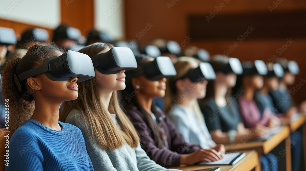 A group of students wearing virtual reality headsets in a classroom, engaged in immersive learning experiences A group of students wearing virtual reality headsets in a classroom, engaged in immersive learning experiences