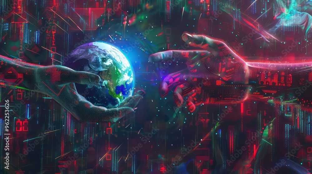 Two hands, one human and one robotic, reach out to touch a glowing Earth surrounded by a digital background of swirling lines and dots. Two hands, one human and one robotic, reach out to touch a glowing Earth surrounded by a digital background of swirling lines and dots.