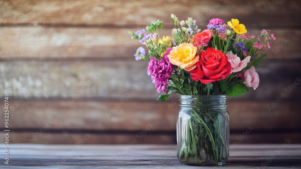 Bright and cheerful Valentine's Day bouquet in a mason jar against a rustic wooden background. Bright and cheerful Valentine's Day bouquet in a mason jar against a rustic wooden background.