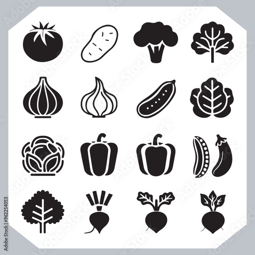 Set of vegetables black silhouette Carrot, potato, tomato, cucumber, onion, garlic, cauliflower, bell pepper, cabbage vector icon in white background.