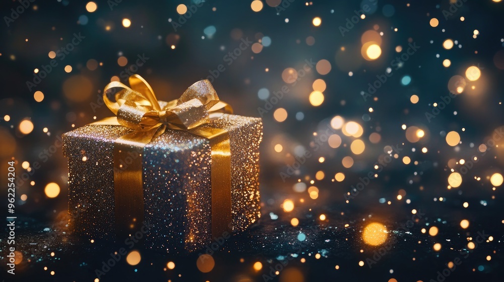 A shimmering gift box wrapped in gold with fairy lights glowing around it, creating a magical festive atmosphere. A shimmering gift box wrapped in gold with fairy lights glowing around it, creating a magical festive atmosphere.