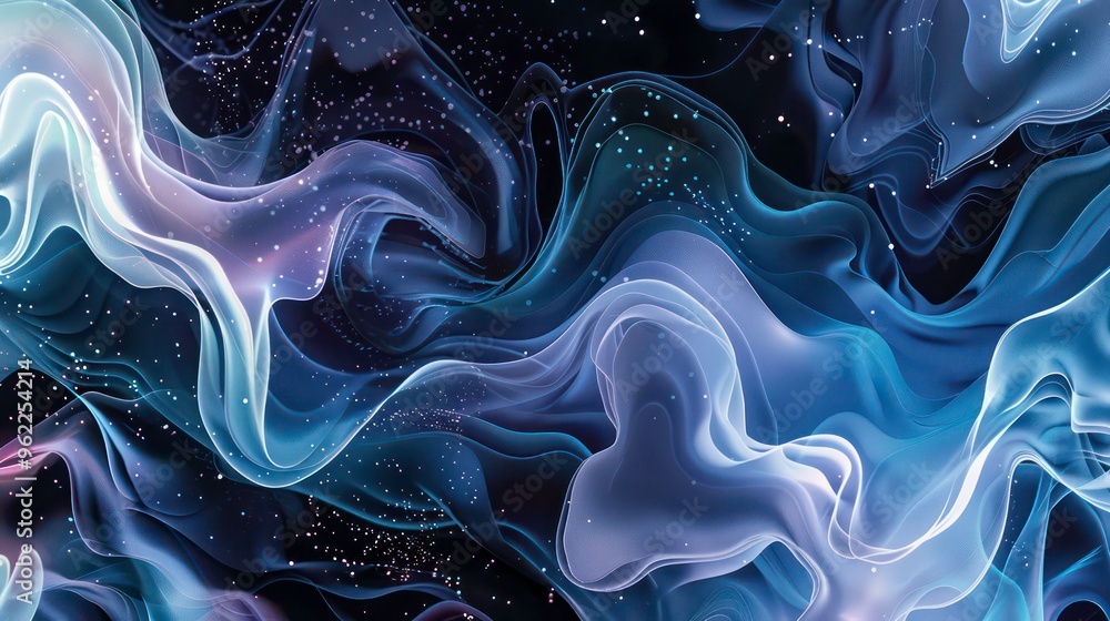 Obraz premium Abstract swirling blue and white light streaks with glittery particles on black background.