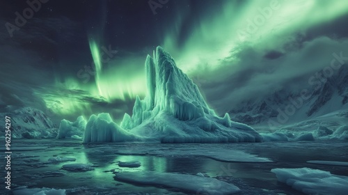 A tall, majestic ice formation stands against a backdrop of swirling green aurora borealis. The icy landscape is illuminated by the magical glow of the northern lights.