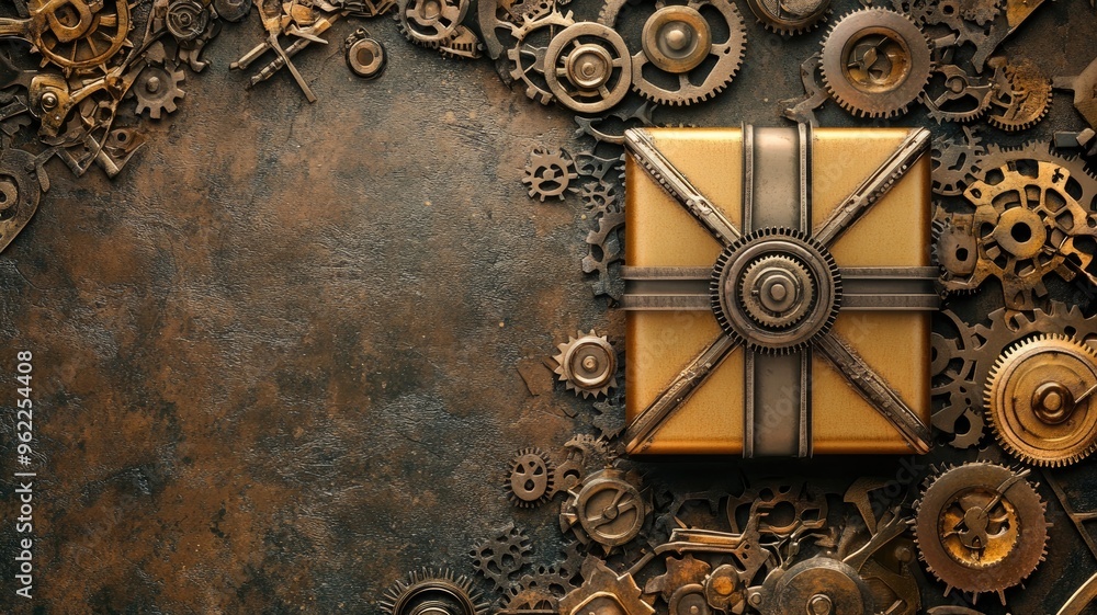Naklejka premium A steampunk-themed gift box adorned with metallic gears, resting on a rustic, industrial surface