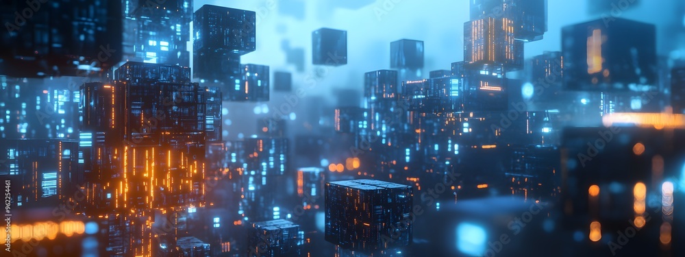 Digital cityscape with buildings made of glowing cubes, representing the futuristic and digital nature of smart urban development Digital cityscape with buildings made of glowing cubes, representing the futuristic and digital nature of smart urban development