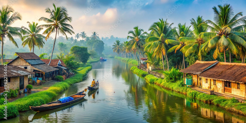 A peaceful Kerala village with green paddy fields, coconut trees, traditional tiled houses, and a narrow canal where villagers row boats. Mist-covered hills in the background. A peaceful Kerala village with green paddy fields, coconut trees, traditional tiled houses, and a narrow canal where villagers row boats. Mist-covered hills in the background.