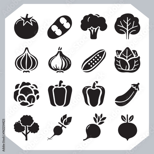 Set of vegetables black silhouette Carrot, potato, tomato, cucumber, onion, garlic, cauliflower, bell pepper, cabbage vector icon in white background.