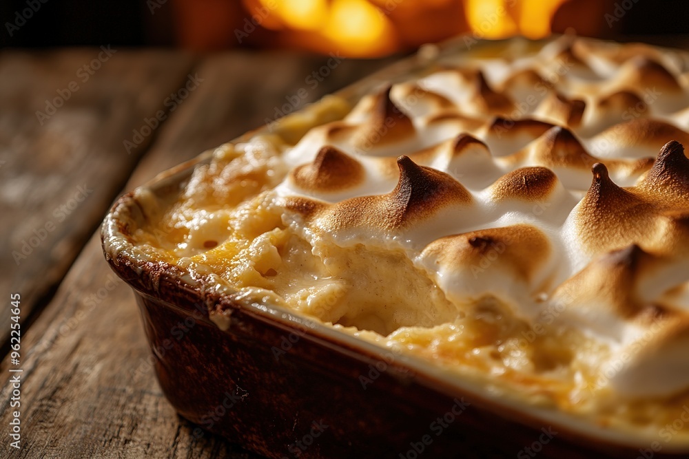 Banana pudding spread across a baking dish with golden-brown baked meringue topping with copyspace. Banana pudding spread across a baking dish with golden-brown baked meringue topping with copyspace.