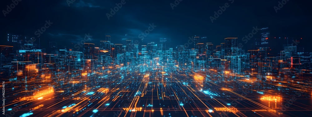 Fototapeta premium Digital cityscape with buildings made of glowing cubes, representing the futuristic and digital nature of smart urban development