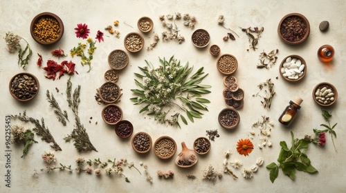 Natural Herbal Medicine and Flowers Arrangement on White Background