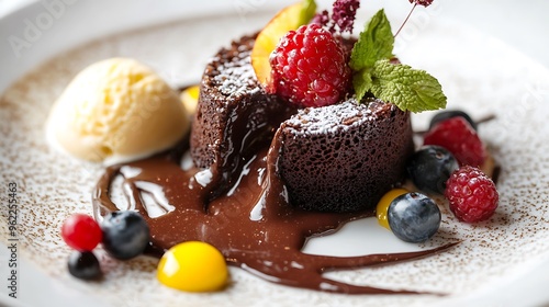 A beautifully plated chocolate petit gÃ¢teau with a molten center, served with vanilla ice cream and garnished with fresh berries, on a modern white dish photo