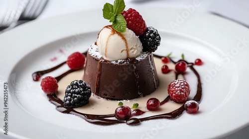 A beautifully plated chocolate petit gÃ¢teau with a molten center, served with vanilla ice cream and garnished with fresh berries, on a modern white dish photo