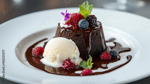 A beautifully plated chocolate petit gÃ¢teau with a molten center, served with vanilla ice cream and garnished with fresh berries, on a modern white dish photo