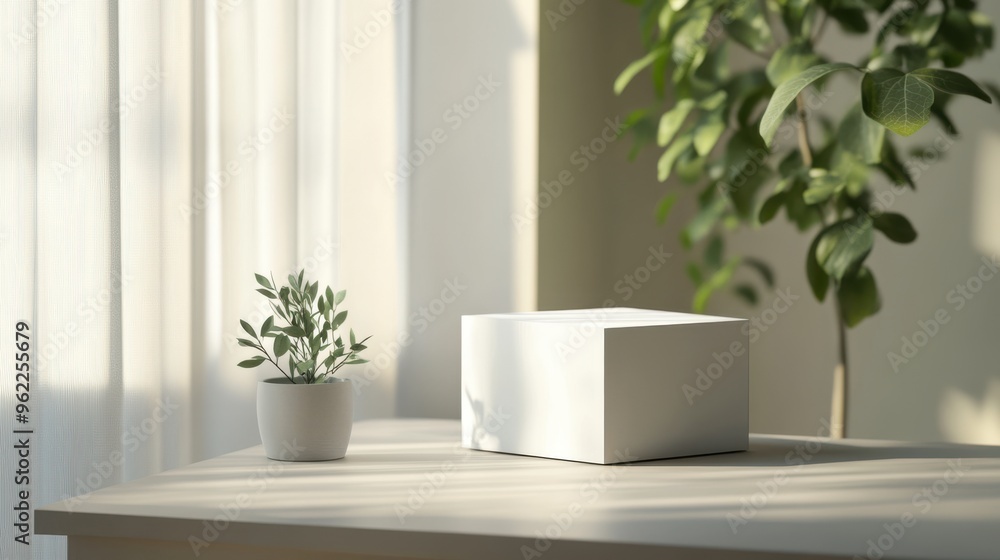 Simple 3d mockup of a white box placed on a desk with natural light flooding the room Simple 3d mockup of a white box placed on a desk with natural light flooding the room