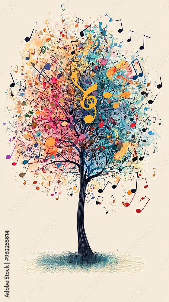 An artistic tree filled with colorful musical notes and abstract elements. This image beautifully combines nature, music, and vibrant creativity to evoke joy.