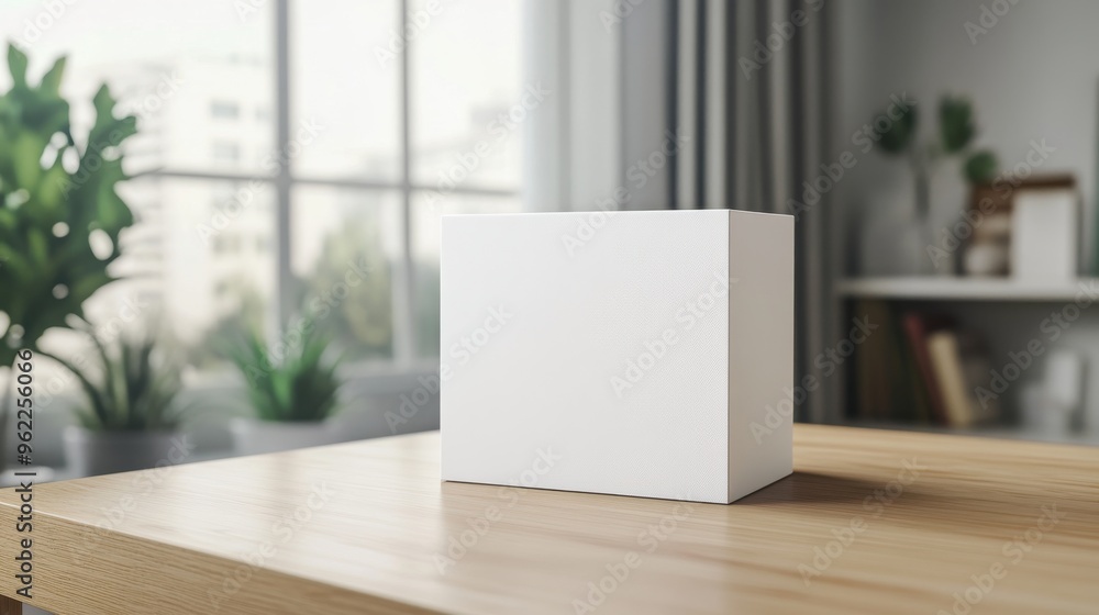 White box mockup on a clean wooden desk in a bright space with soft natural light White box mockup on a clean wooden desk in a bright space with soft natural light