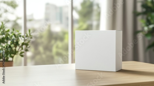 White box mockup on a clean wooden desk in a bright space with soft natural light