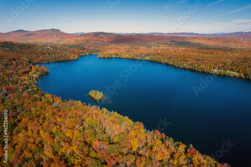 Beautiful Mountains and Fall Foliage Surround Remote New England Lake With Island - Newark Pond Vermont 