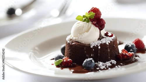 A perfectly baked chocolate petit gÃ¢teau with a molten center, garnished with vanilla ice cream and fresh berries, served on a pristine white plate