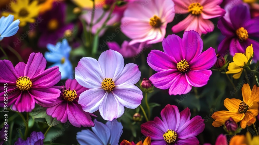 Close-up of a field of cosmos flowers in various colors, creating a lively and colorful floral scene Close-up of a field of cosmos flowers in various colors, creating a lively and colorful floral scene