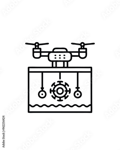 Line art illustration of a futuristic underwater robot repair station with a drone hovering above.