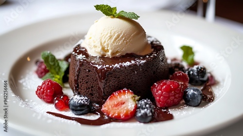 A rich chocolate petit gÃ¢teau with a molten center, perfectly paired with vanilla ice cream, surrounded by fresh berries and mint, served on a clean white plate photo