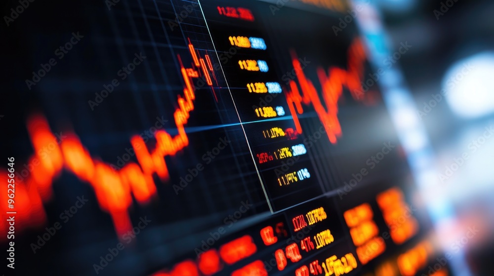 Close-up of a financial chart featuring real-time stock prices and market volatility indicators on a screen Close-up of a financial chart featuring real-time stock prices and market volatility indicators on a screen