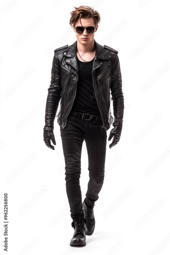 Man in Rocker Style Clothes Walking Isolated on White Background. Stylish Fashion Model in Macho Attire Man in Rocker Style Clothes Walking Isolated on White Background. Stylish Fashion Model in Macho Attire