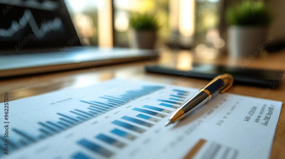Close-up of a financial graph with market analysis and growth projections, accompanied by a financial planner notes Close-up of a financial graph with market analysis and growth projections, accompanied by a financial planner notes