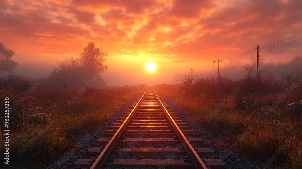 A railroad track stretches into a foggy sunrise, with the sun peeking through the clouds. A railroad track stretches into a foggy sunrise, with the sun peeking through the clouds.