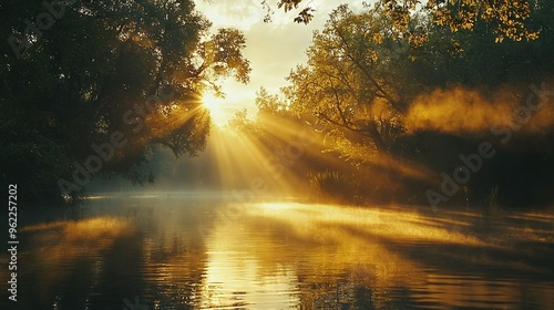  A brilliant sun illuminates a tranquil lake, casting dappled light through surrounding trees