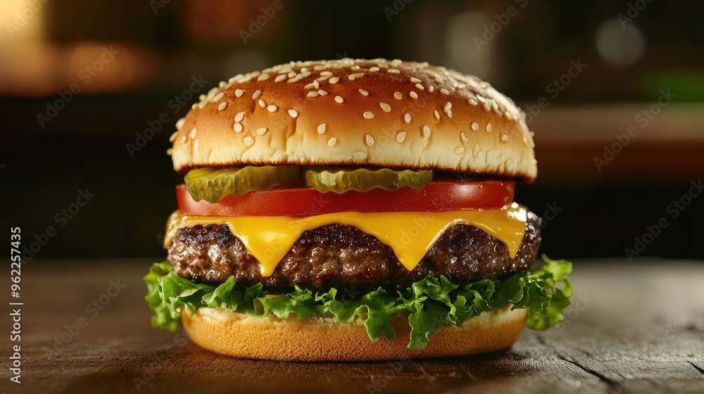 Close-up of a juicy cheeseburger with lettuce, tomato, and pickles on a wooden table Close-up of a juicy cheeseburger with lettuce, tomato, and pickles on a wooden table