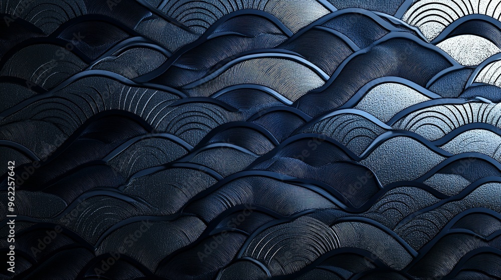 Fototapeta premium Abstract Blue and Grey Wave Pattern with Circular and Linear Textures