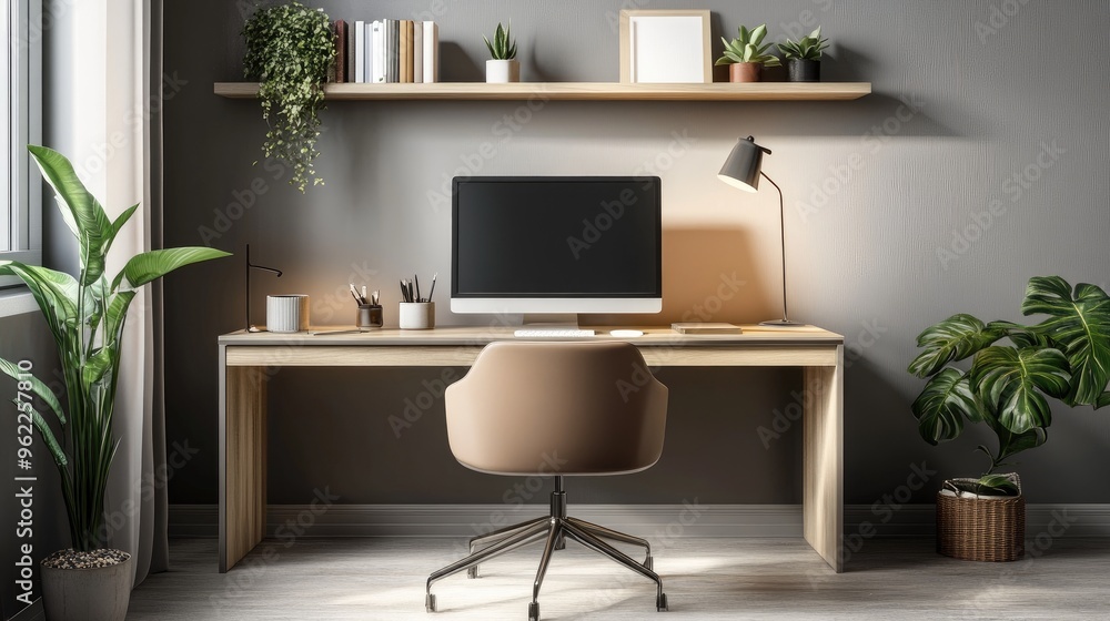 Close-up of a minimalist home office with a sleek desk, ergonomic chair, and minimalistic decor, focusing on a clean workspace Close-up of a minimalist home office with a sleek desk, ergonomic chair, and minimalistic decor, focusing on a clean workspace