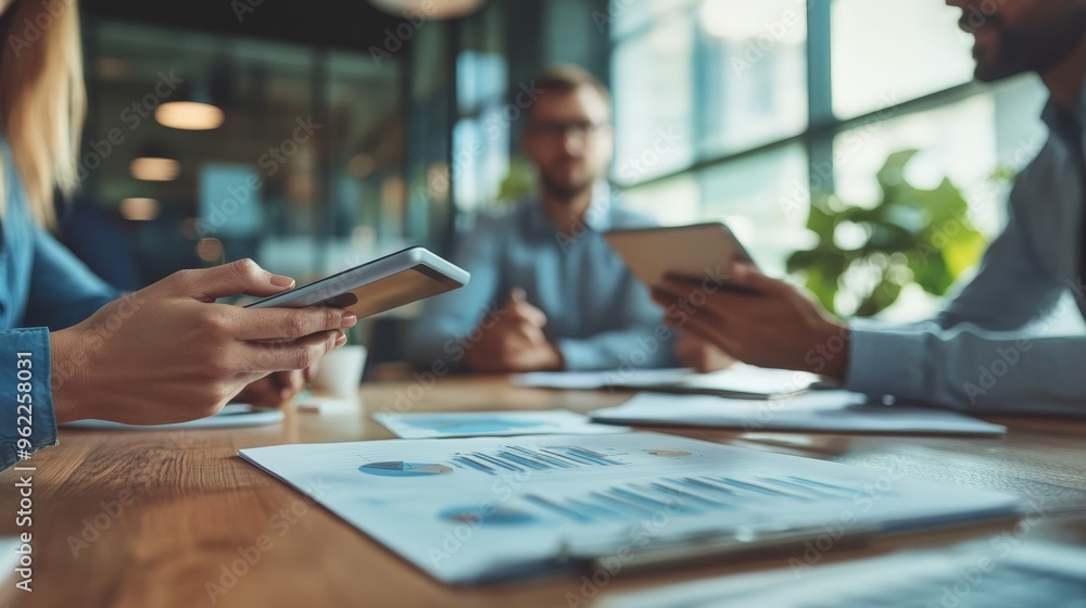 Hands holding digital tablets during a business meeting with charts on the table. Data analysis and technology integration. Hands holding digital tablets during a business meeting with charts on the table. Data analysis and technology integration.