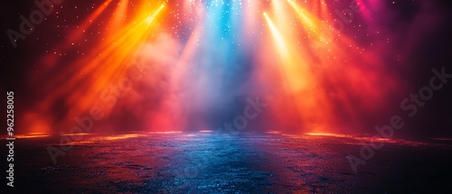 Dazzling light rays fanning out from a central source, rainbow colors, dramatic concert setting, vibrant and energetic