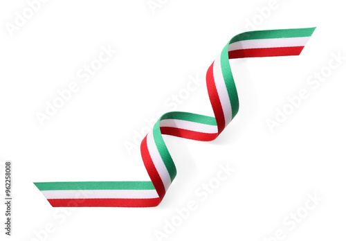 Ribbon in colors of Italian flag isolated on white, top view