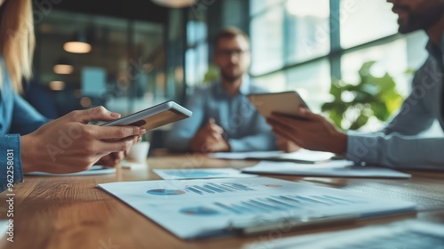 Hands holding digital tablets during a business meeting with charts on the table. Data analysis and technology integration.