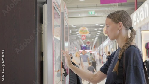 Young woman, customer, interacting with digital order kiosk in restaurant, browsing menu and choosing desired items in fast food restaurant, fast food. photo