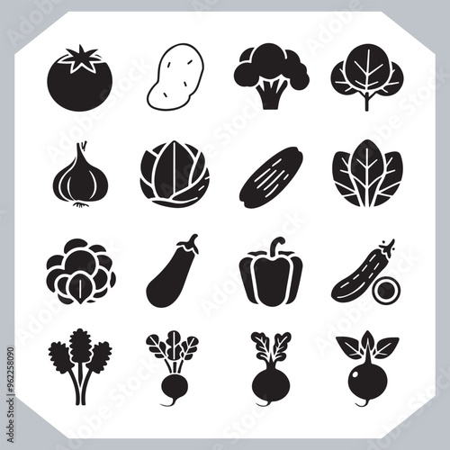 Set of vegetables black silhouette Carrot, potato, tomato, cucumber, onion, garlic, cauliflower, bell pepper, cabbage vector icon in white background.