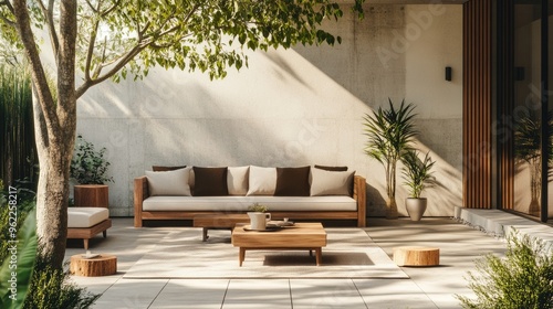 Close-up of a minimalist outdoor patio with modern furniture, a neutral color palette, and clean lines