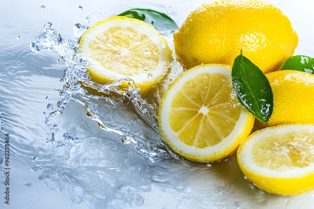 Lemon slices and water splashes, white background. Lemon slices and water splashes, white background.