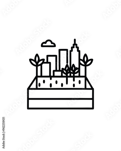 A line drawing of a rooftop garden with a cityscape in the background, representing a dystopian urban setting.