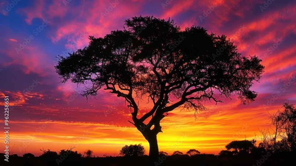 Silhouette of a Tree Against a Vibrant Sunset Sky Silhouette of a Tree Against a Vibrant Sunset Sky