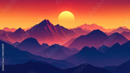 Close-up of a mountain range silhouetted against a vibrant sunset, with the sun dipping behind the peaks