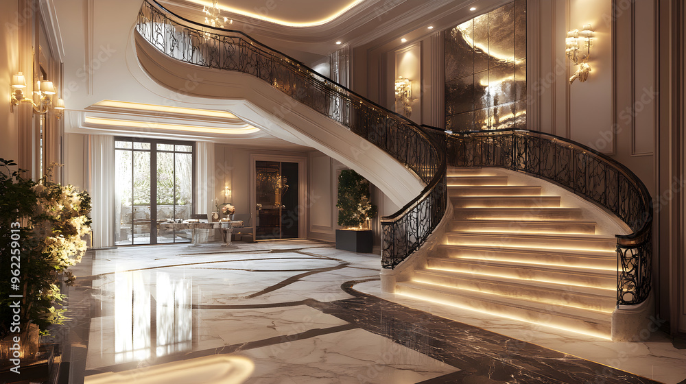 Obraz premium Majestic Grand Staircase and Marble Flooring Create a Stunning Entryway