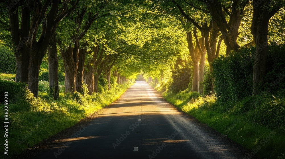 Close-up of a scenic road with a canopy of trees arching overhead, creating a tunnel of green and dappled sunlight Close-up of a scenic road with a canopy of trees arching overhead, creating a tunnel of green and dappled sunlight