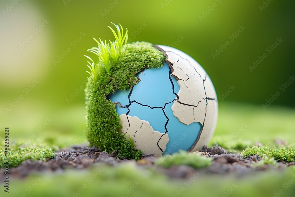 Fototapeta premium A miniature globe, cracked in the center, with moss growing on it.